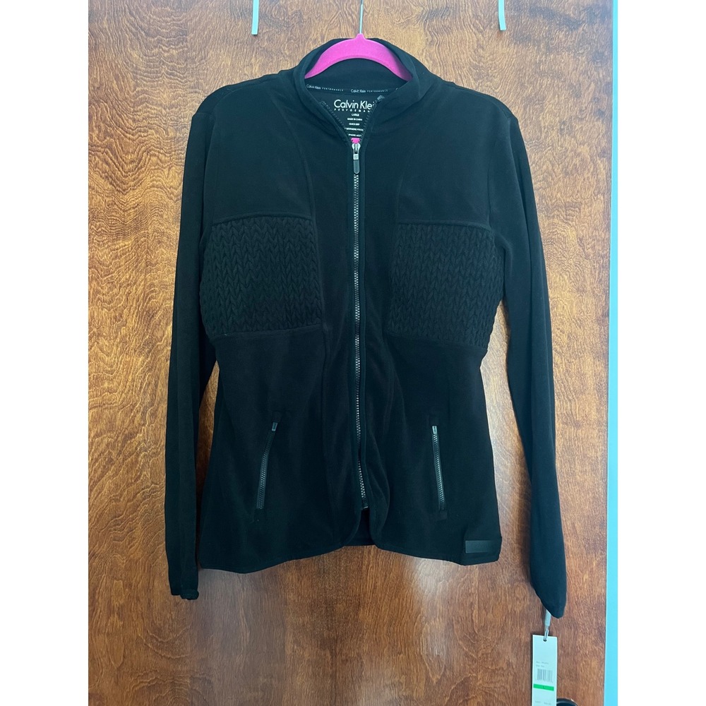 NEW Calvin Klein Performance Jacket Women L Black PF4J5741 Fleece Zip Knit Trim
